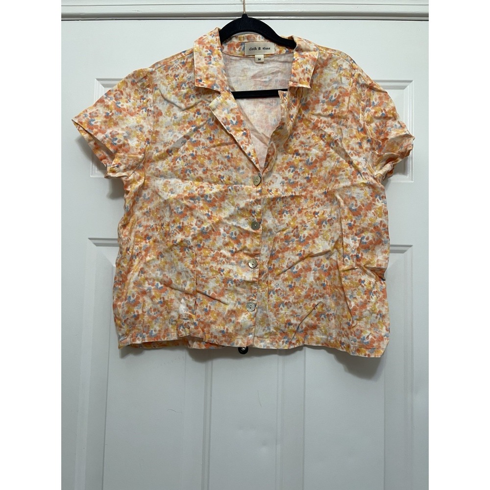 Cloth & Stone Anthro Linen Short Sleeve Collared Button Shirt Apricot Medium‎